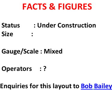 FACTS & FIGURES    Status									:	Under Construction  Size												:	   Gauge/Scale	: Mixed   Operators					:	?  Enquiries for this layout to Bob Bailey